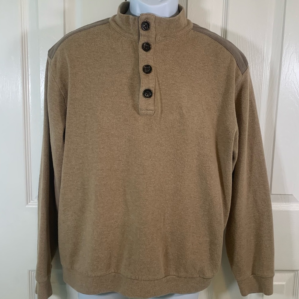 Cremieux Mens Classics Henley Elbow Pad Pullover Sweater L Tan‎ Cotton